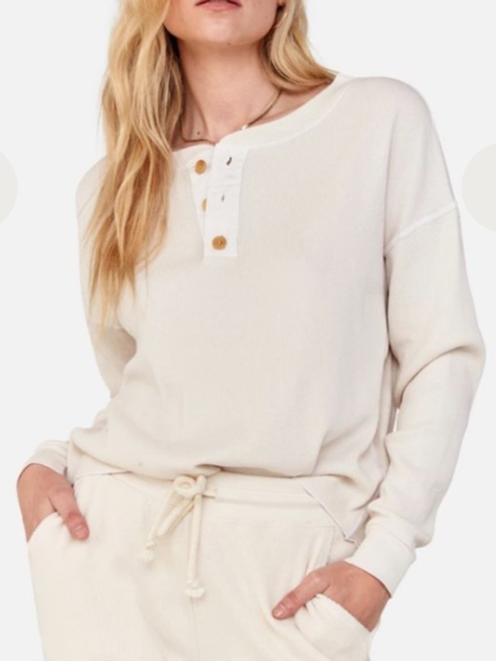 Mate the Label Harper Henley Top Thermal Oranic Waffle Knit Crew Bone White M